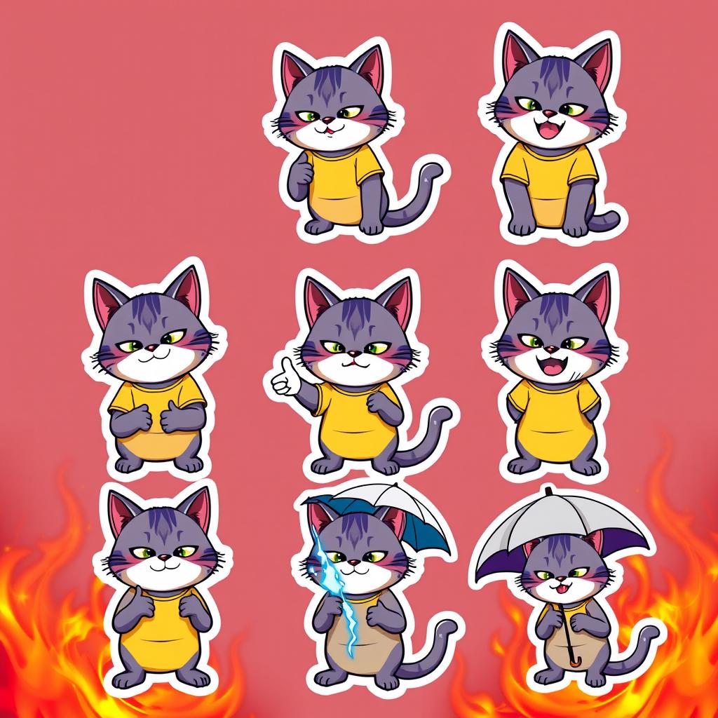 A set of eight stickers featuring a cat-manul character wearing a yellow and purple t-shirt