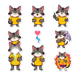 A set of eight stickers featuring a cat-manul character wearing a yellow and purple t-shirt