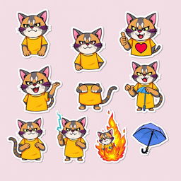 A set of eight stickers featuring a cat-manul character wearing a yellow and purple t-shirt