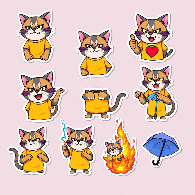 A set of eight stickers featuring a cat-manul character wearing a yellow and purple t-shirt