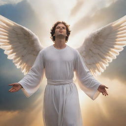 An angel as described in the Bible, with his eyes covered by wings and four wings total. He is poised mid-flight against a serene heavenly backdrop, radiating divine majesty.