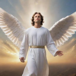 An angel as described in the Bible, with his eyes covered by wings and four wings total. He is poised mid-flight against a serene heavenly backdrop, radiating divine majesty.