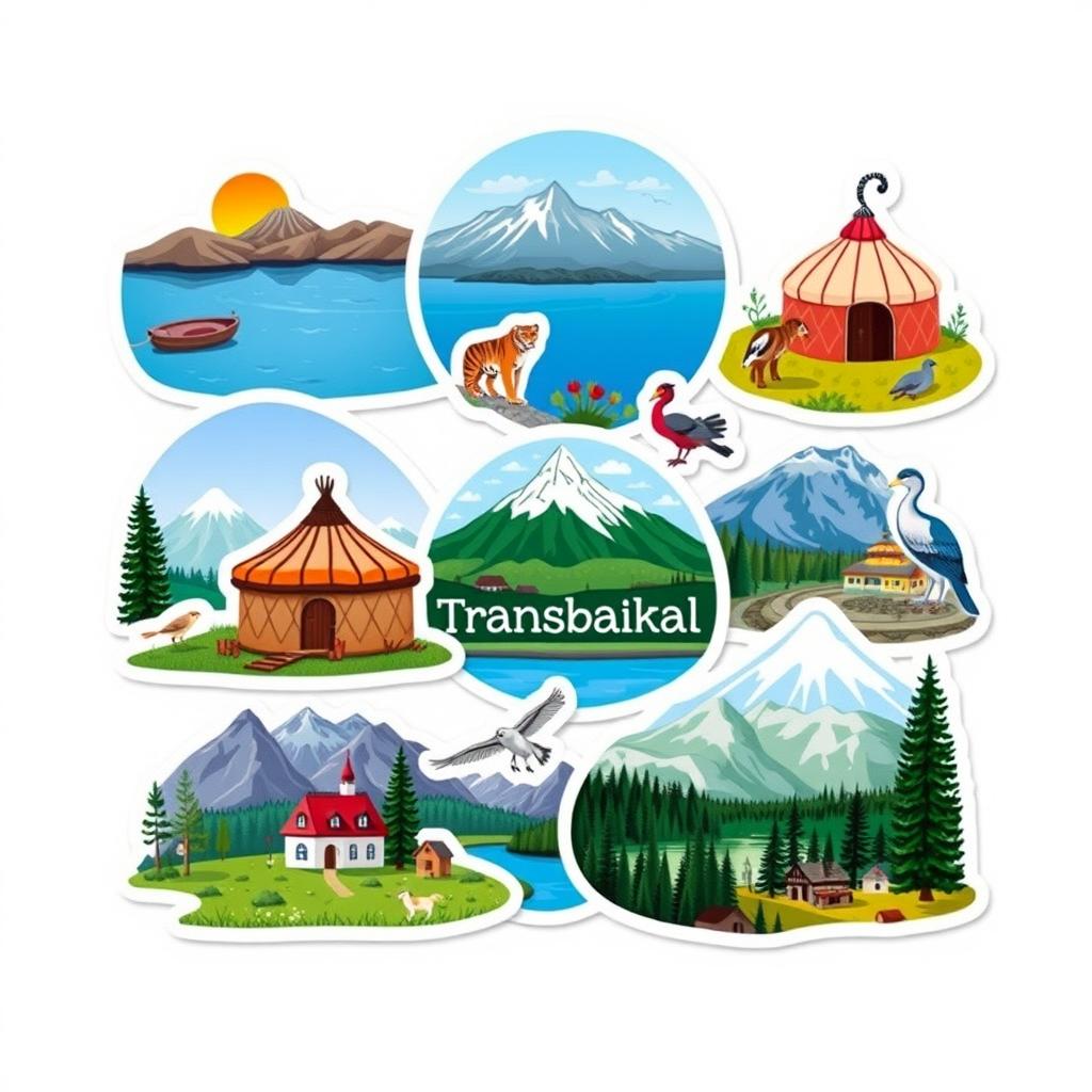 A set of stickers themed around the Transbaikal region, designed against a white background