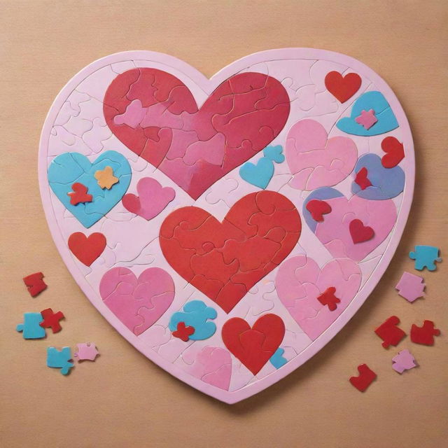 A cartoon heart-shaped puzzle. Each piece is bold and colorful, with vivid reds and pinks. The style is lighthearted and whimsical, reminiscent of animated shows.