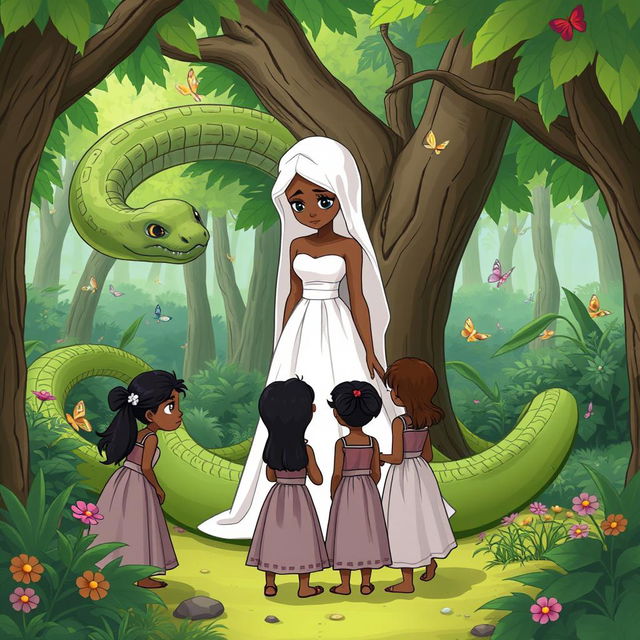 A sad white bride standing in a lush, green forest surrounded by a huge snake coiling around the trees