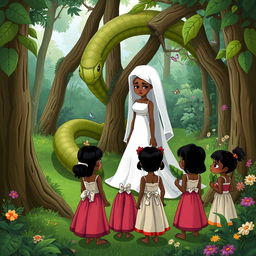 A sad white bride standing in a lush, green forest surrounded by a huge snake coiling around the trees