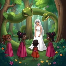 A sad white bride standing in a lush, green forest surrounded by a huge snake coiling around the trees