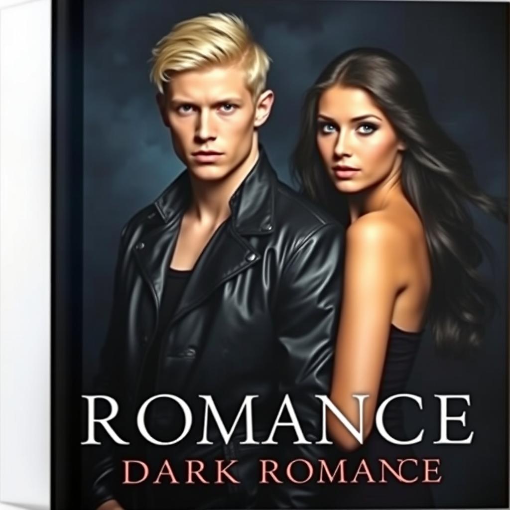 A captivating dark romance book cover featuring a handsome young white man with blonde hair and Russian ancestry, standing confidently with a brooding expression