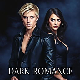 A captivating dark romance book cover featuring a handsome young white man with blonde hair and Russian ancestry, standing confidently with a brooding expression