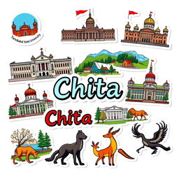 A set of stickers themed around the city of Chita, designed against a white background