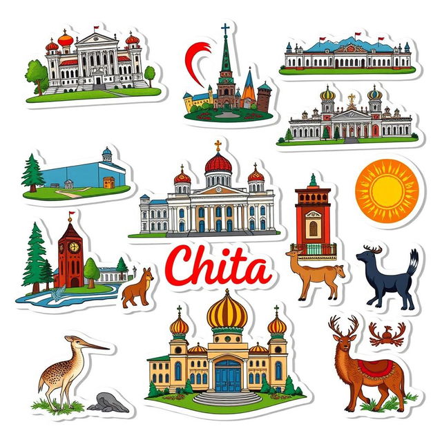 A set of stickers themed around the city of Chita, designed against a white background