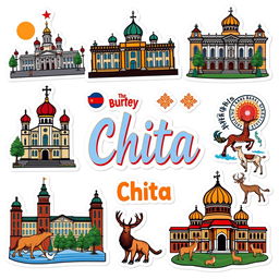 A set of stickers themed around the city of Chita, designed against a white background