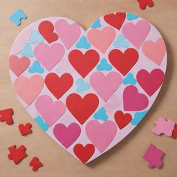 A cartoon heart-shaped puzzle. Each piece is bold and colorful, with vivid reds and pinks. The style is lighthearted and whimsical, reminiscent of animated shows.