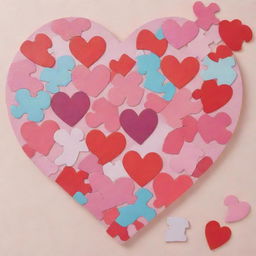 A cartoon heart-shaped puzzle. Each piece is bold and colorful, with vivid reds and pinks. The style is lighthearted and whimsical, reminiscent of animated shows.