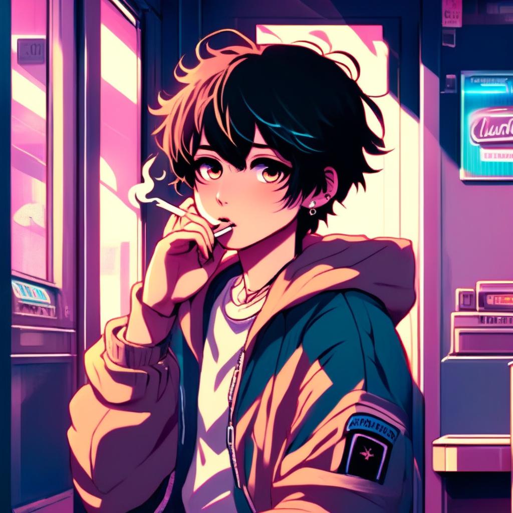 Anime art of an emo boy smoking a cigarette at an old-fashioned laundromat under blue neon lights.