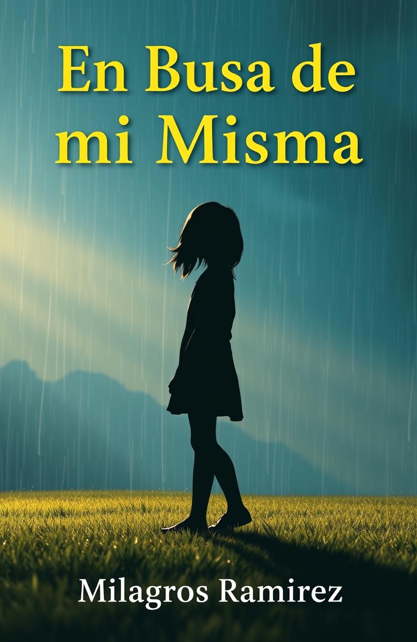 A silhouette of a girl on a soccer field, with a soft rain background symbolizing love and sadness