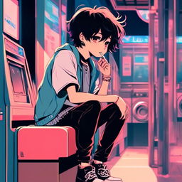 Anime art of an emo boy smoking a cigarette at an old-fashioned laundromat under blue neon lights.