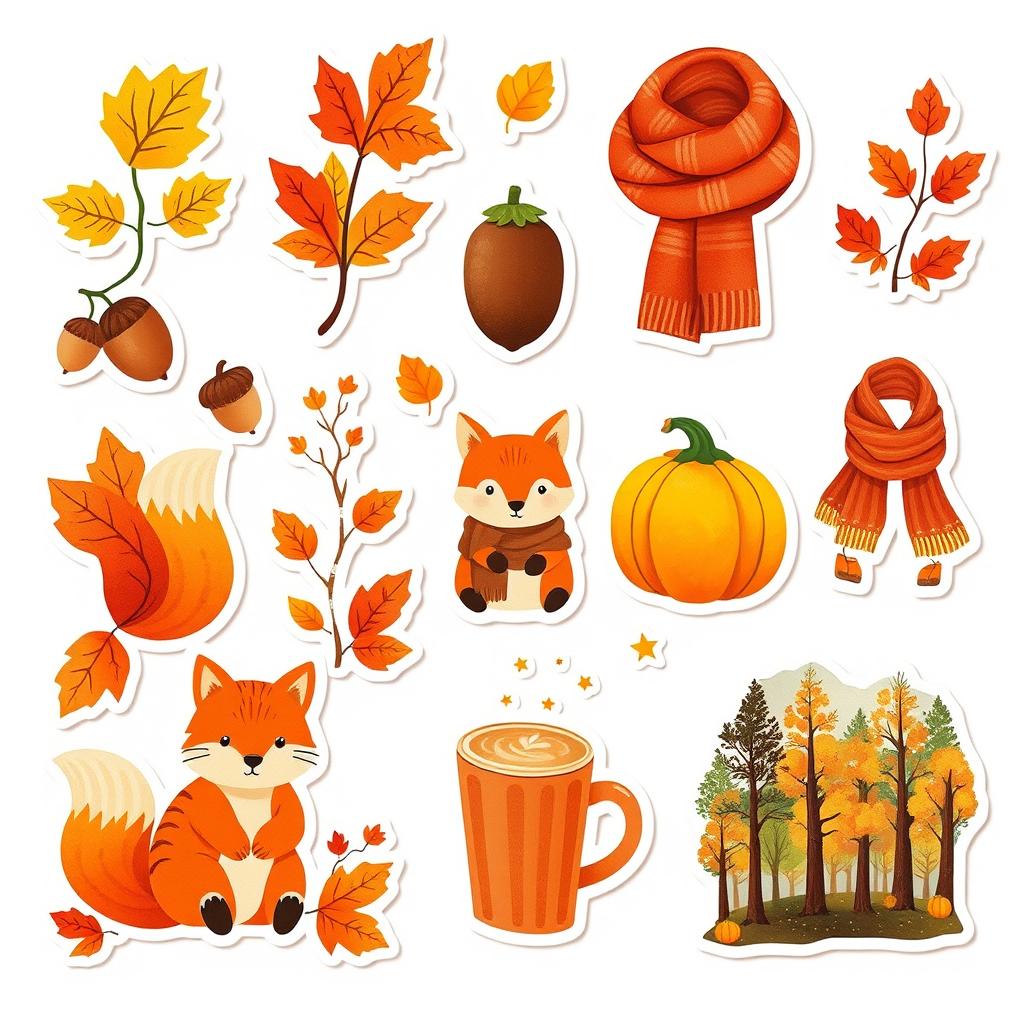 A set of stickers themed around the autumn season, designed against a white background