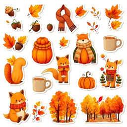 A set of stickers themed around the autumn season, designed against a white background