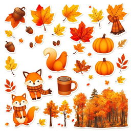 A set of stickers themed around the autumn season, designed against a white background