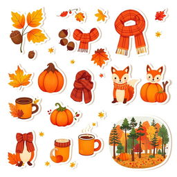 A set of stickers themed around the autumn season, designed against a white background