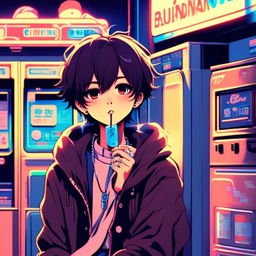 Anime art of an emo boy smoking a cigarette at an old-fashioned laundromat under blue neon lights.