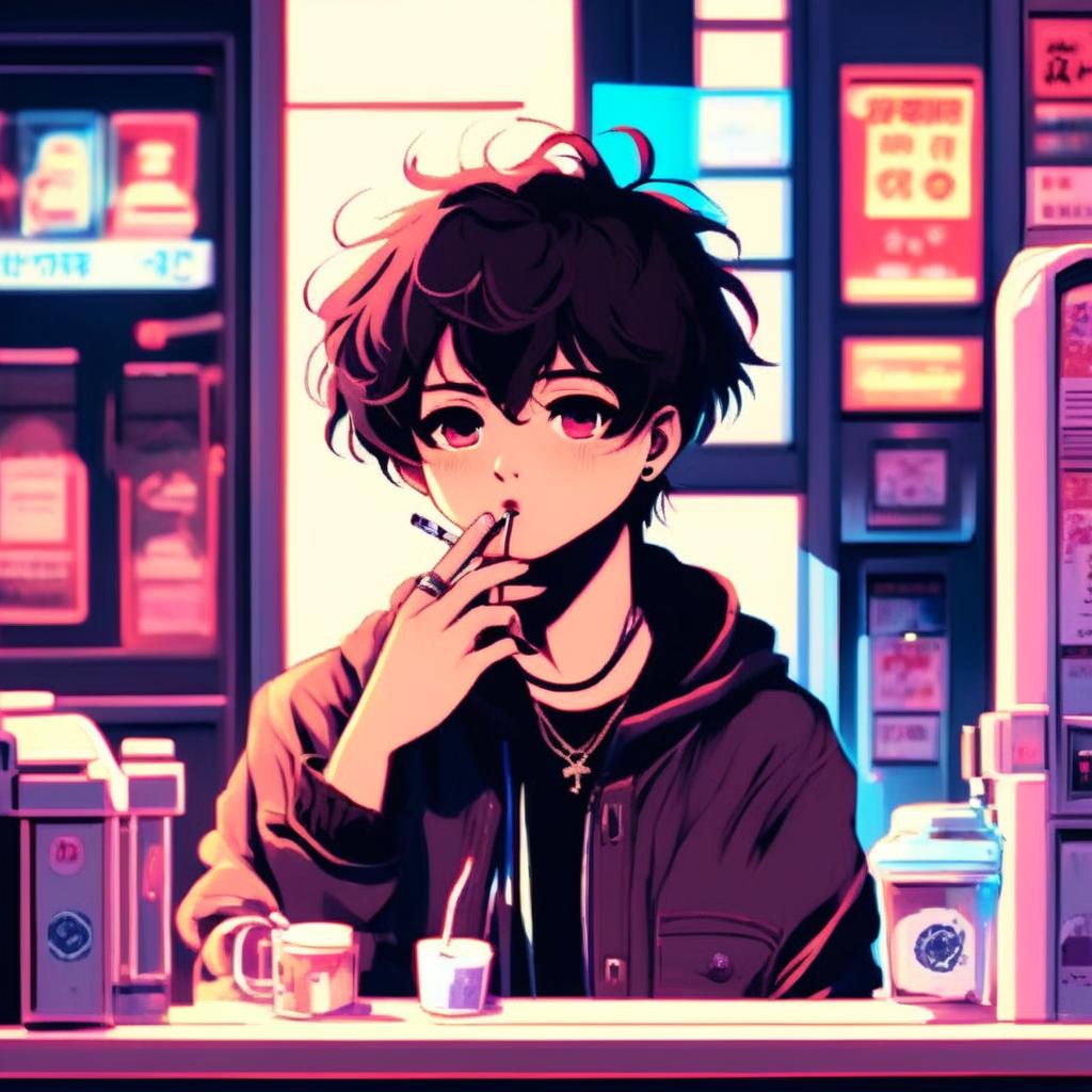 Anime art of an emo boy smoking a cigarette at an old-fashioned laundromat under blue neon lights.