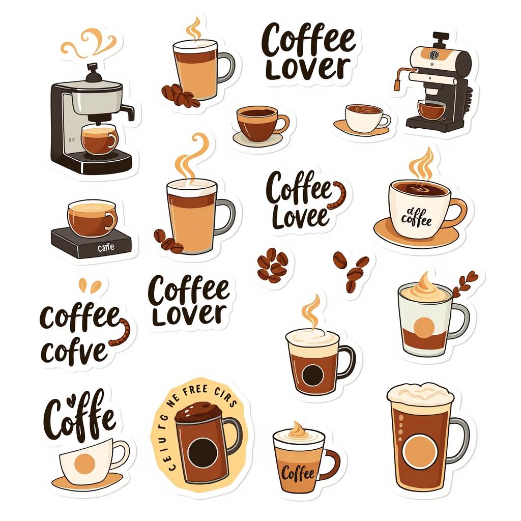 A set of stickers themed around a coffee lover, designed against a white background