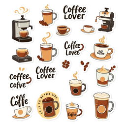 A set of stickers themed around a coffee lover, designed against a white background