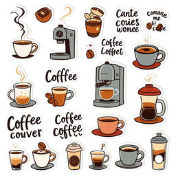 A set of stickers themed around a coffee lover, designed against a white background