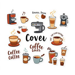 A set of stickers themed around a coffee lover, designed against a white background