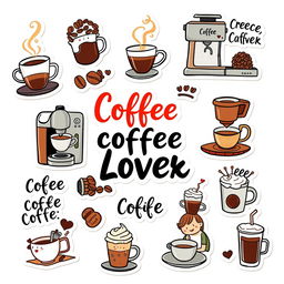 A set of stickers themed around a coffee lover, designed against a white background