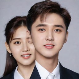 Generate a combined portrait of Kpop idols D.O. from Exo and Mina from Twice, capturing their distinctive features and personality.