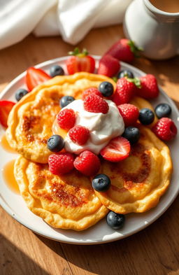 A delicious plate of golden-brown sirniki, topped with a dollop of creamy sour cream and fresh berries