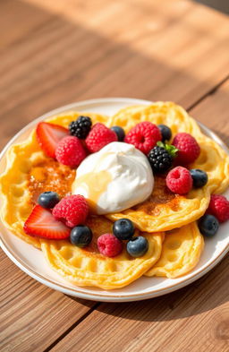 A delicious plate of golden-brown sirniki, topped with a dollop of creamy sour cream and fresh berries