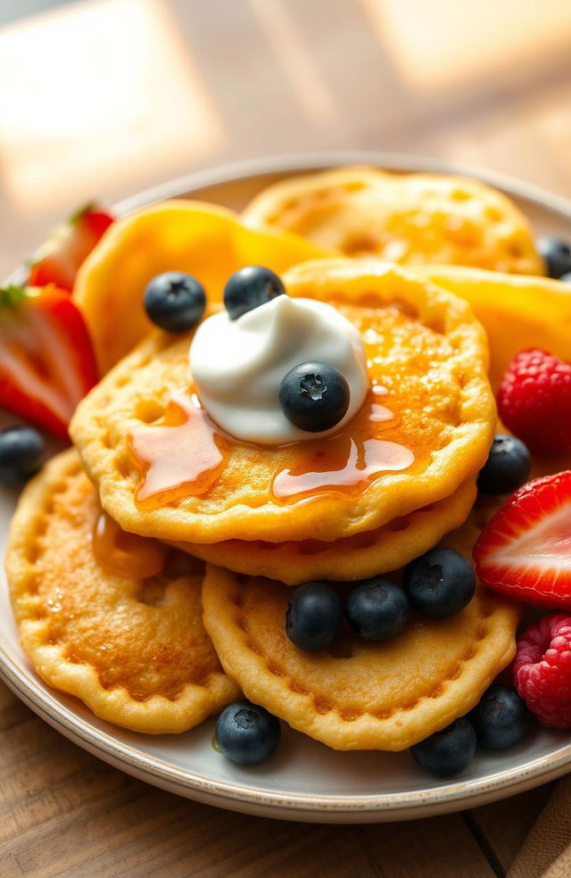 A delicious plate of golden-brown sirniki, topped with a dollop of creamy sour cream and fresh berries