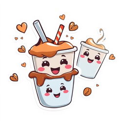 A set of cartoon-style stickers featuring a cute coffee cup character, designed against a white background