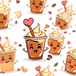 A set of cartoon-style stickers featuring a cute coffee cup character, designed against a white background