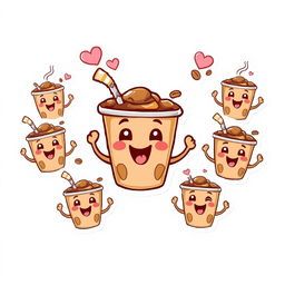 A set of cartoon-style stickers featuring a cute coffee cup character, designed against a white background