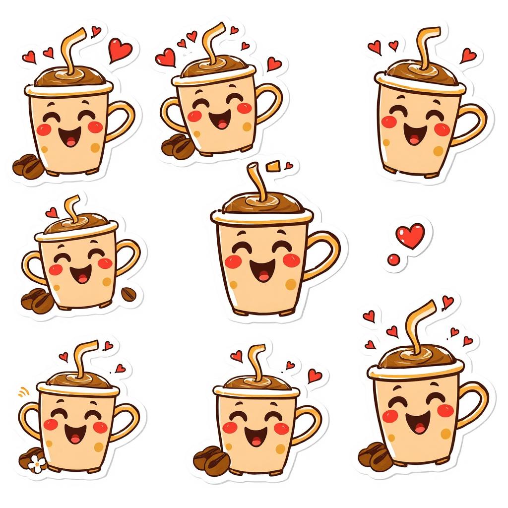 A set of cartoon-style stickers featuring a cute coffee cup character, designed against a white background