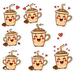 A set of cartoon-style stickers featuring a cute coffee cup character, designed against a white background