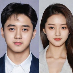 Generate a combined portrait of Kpop idols D.O. from Exo and Mina from Twice, capturing their distinctive features and personality.