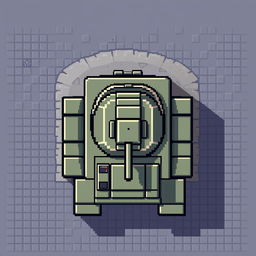 A pixel art representation of a top-down view tank, crafted in a retro 16-bit style with a resolution of 16x16 pixels