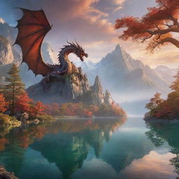 Generate a detailed image of a mystical landscape bathed in morning light, with a majestic dragon soaring above towering mountains, lakes reflecting the sky's vibrant hues, and ancient trees dotting the terrain.