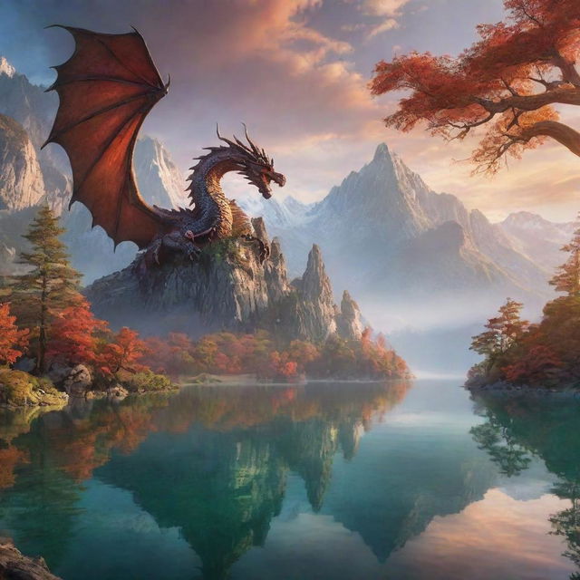 Generate a detailed image of a mystical landscape bathed in morning light, with a majestic dragon soaring above towering mountains, lakes reflecting the sky's vibrant hues, and ancient trees dotting the terrain.