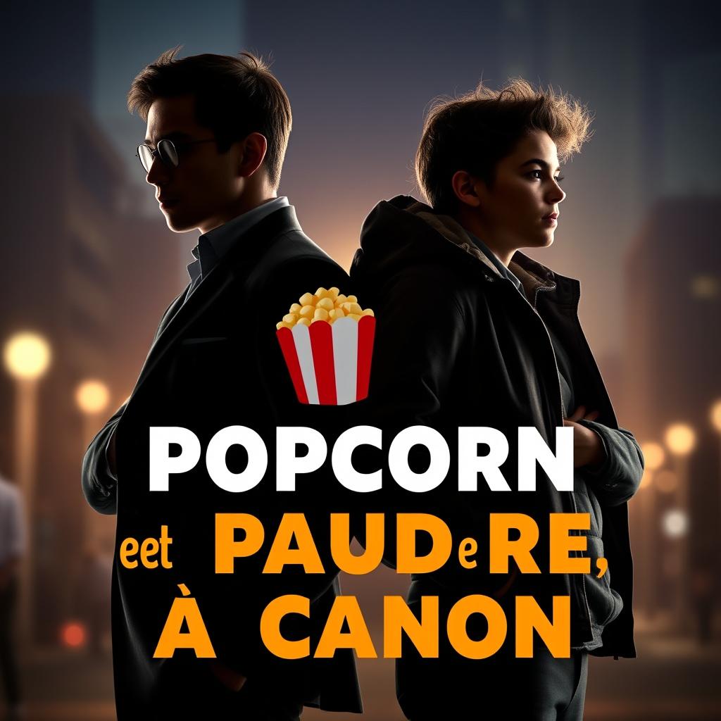A young secret agent in silhouette and a film student standing back-to-back, with the title 'Popcorn et Poudre à Canon' prominently displayed in an engaging font