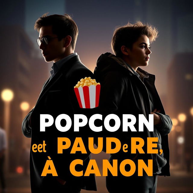 A young secret agent in silhouette and a film student standing back-to-back, with the title 'Popcorn et Poudre à Canon' prominently displayed in an engaging font