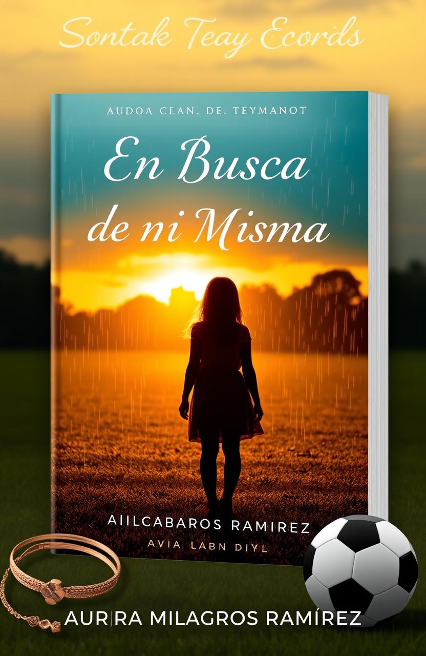 A striking book cover design featuring a silhouette of a girl standing in a soccer field during a softly raining sunset