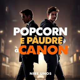 A young secret agent in silhouette and a film student standing back-to-back, with the title 'Popcorn et Poudre à Canon' prominently displayed in an engaging font