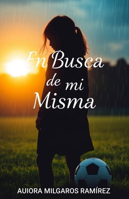 A striking book cover design featuring a silhouette of a girl standing in a soccer field during a softly raining sunset